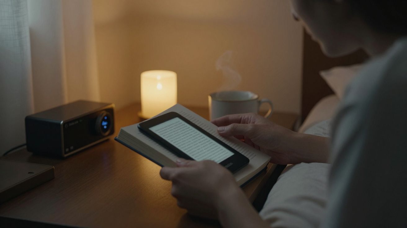 Pessoa a ler num e-reader à luz de uma vela, com chá quente na mesa e um rádio ao fundo.