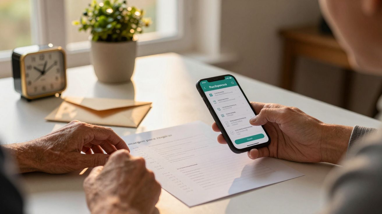 Pessoa usando smartphone com aplicação financeira ao lado de documento em mesa, relógio e planta ao fundo.