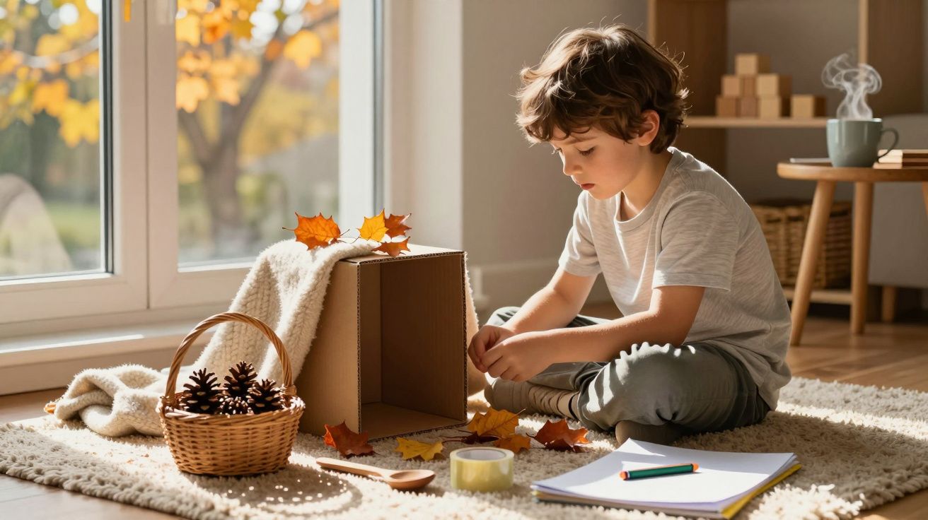 Criança brinca com folhas e pinhas num tapete, ao lado de uma caixa de cartão e uma janela ensolarada.