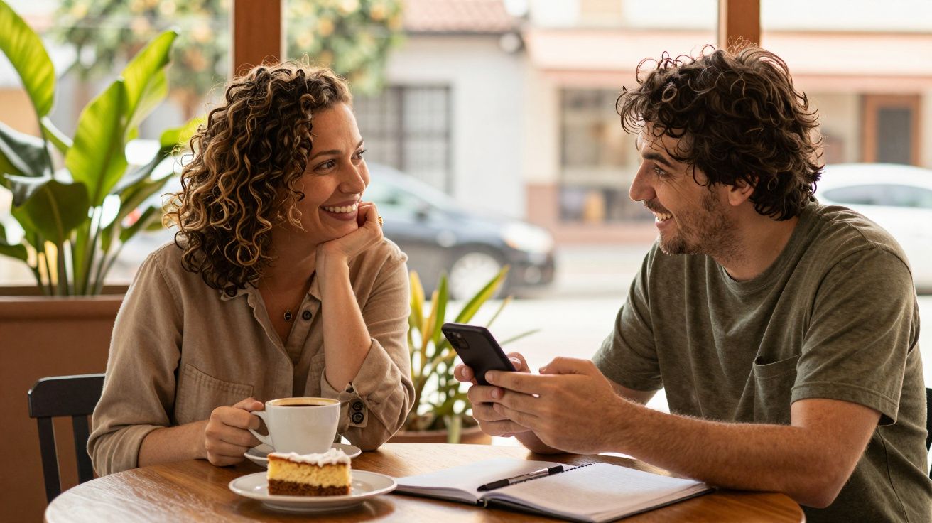 Casal a sorrir numa cafetaria, com café e bolo na mesa. Homem segurando telemóvel, mulher olha para ele atentamente.