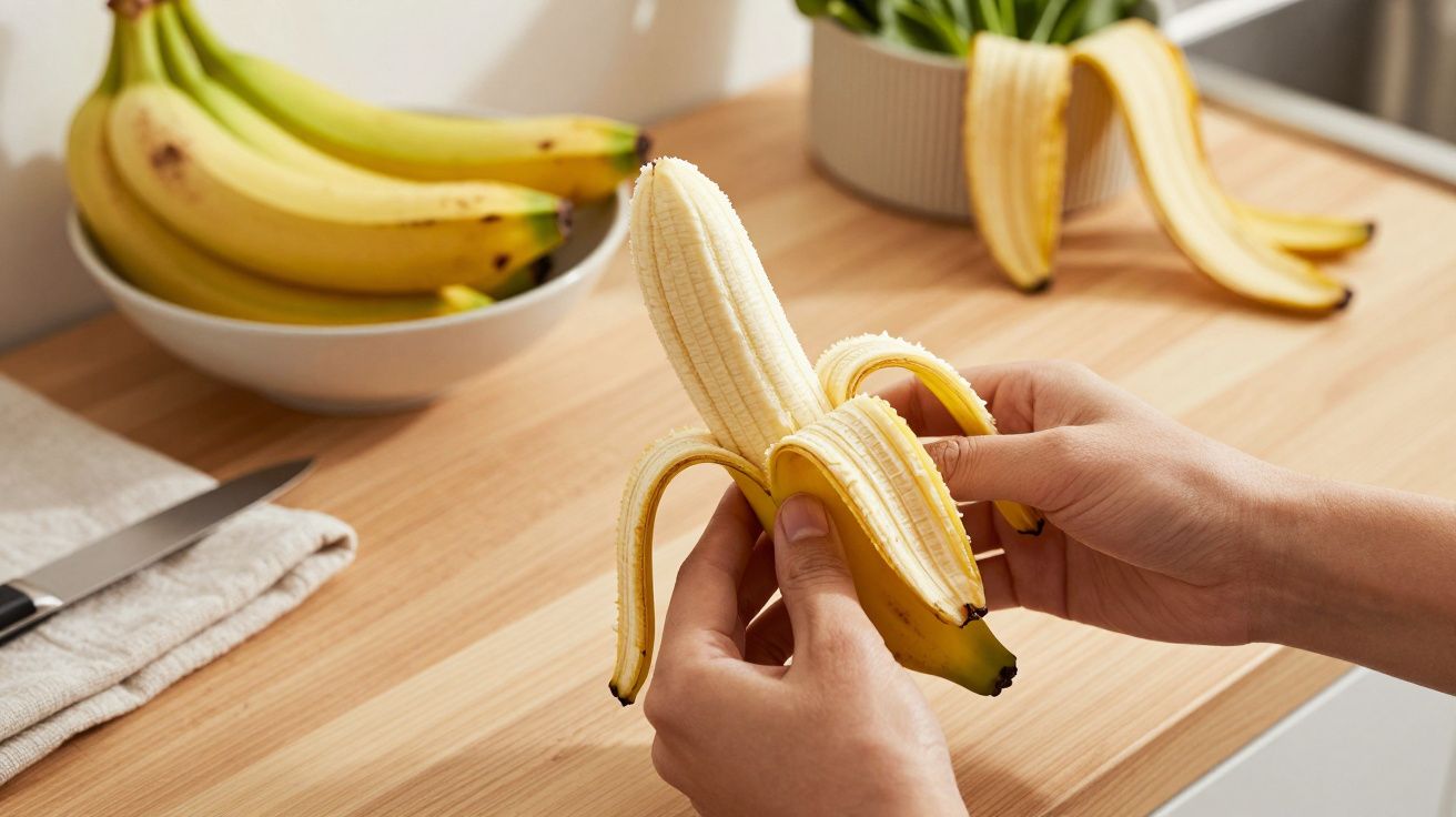 Mãos a descascar uma banana sobre uma bancada de madeira, com mais bananas numa tigela ao fundo.