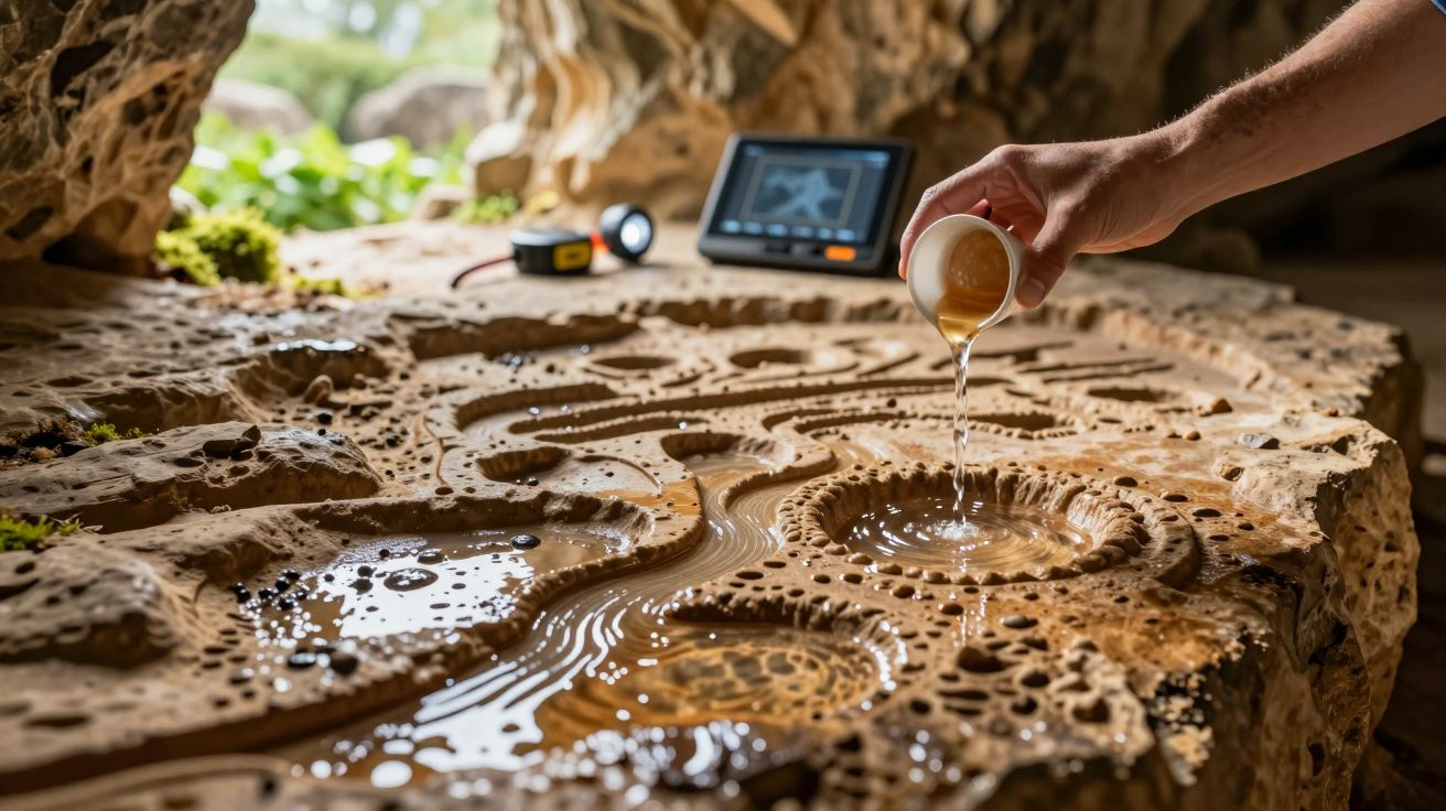 Mão despeja líquido em superfície de pedra esculpida, com equipamentos ao fundo em caverna iluminada.