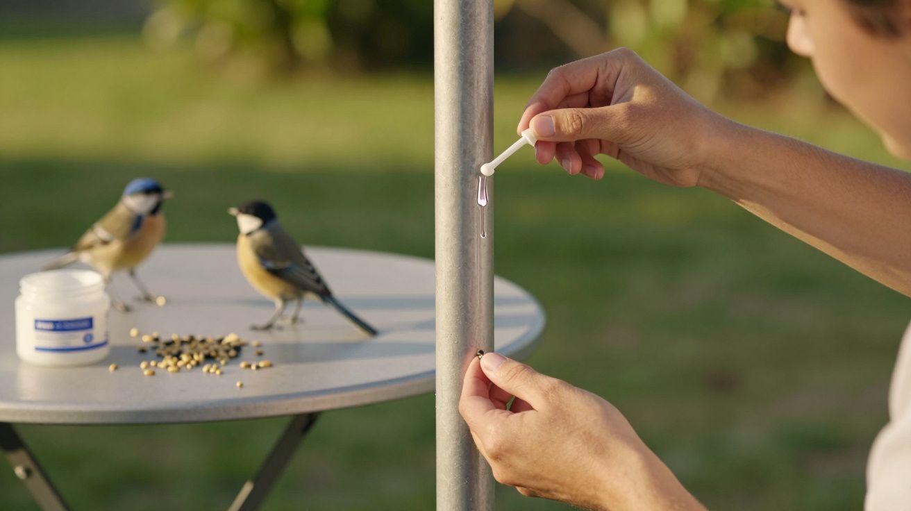 Mão aplica substância num poste; dois pássaros estão numa mesa com sementeiras ao fundo num jardim.