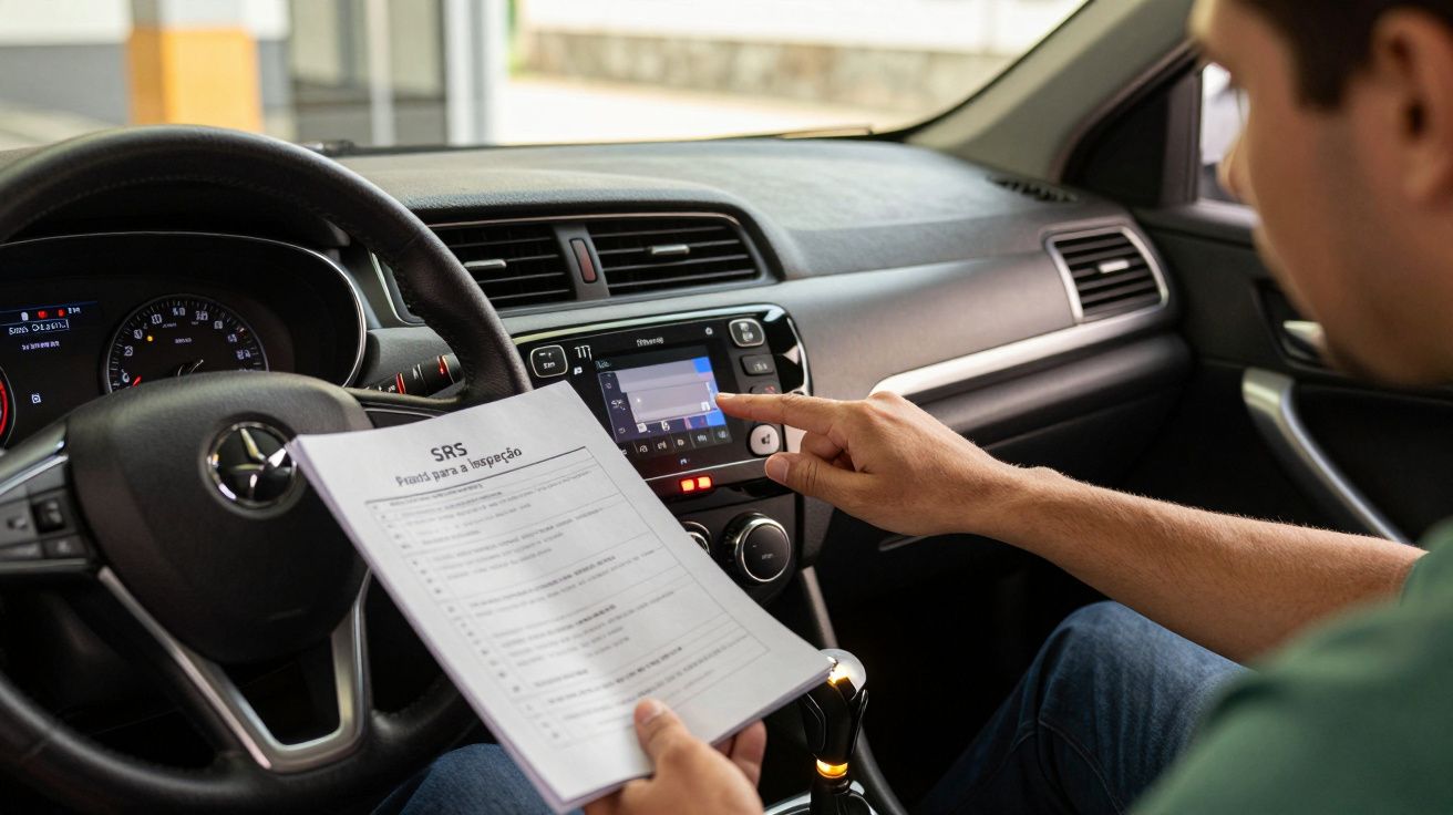 Homem no carro, segurando instruções e ajustando o ecrã tátil do painel de controlo.