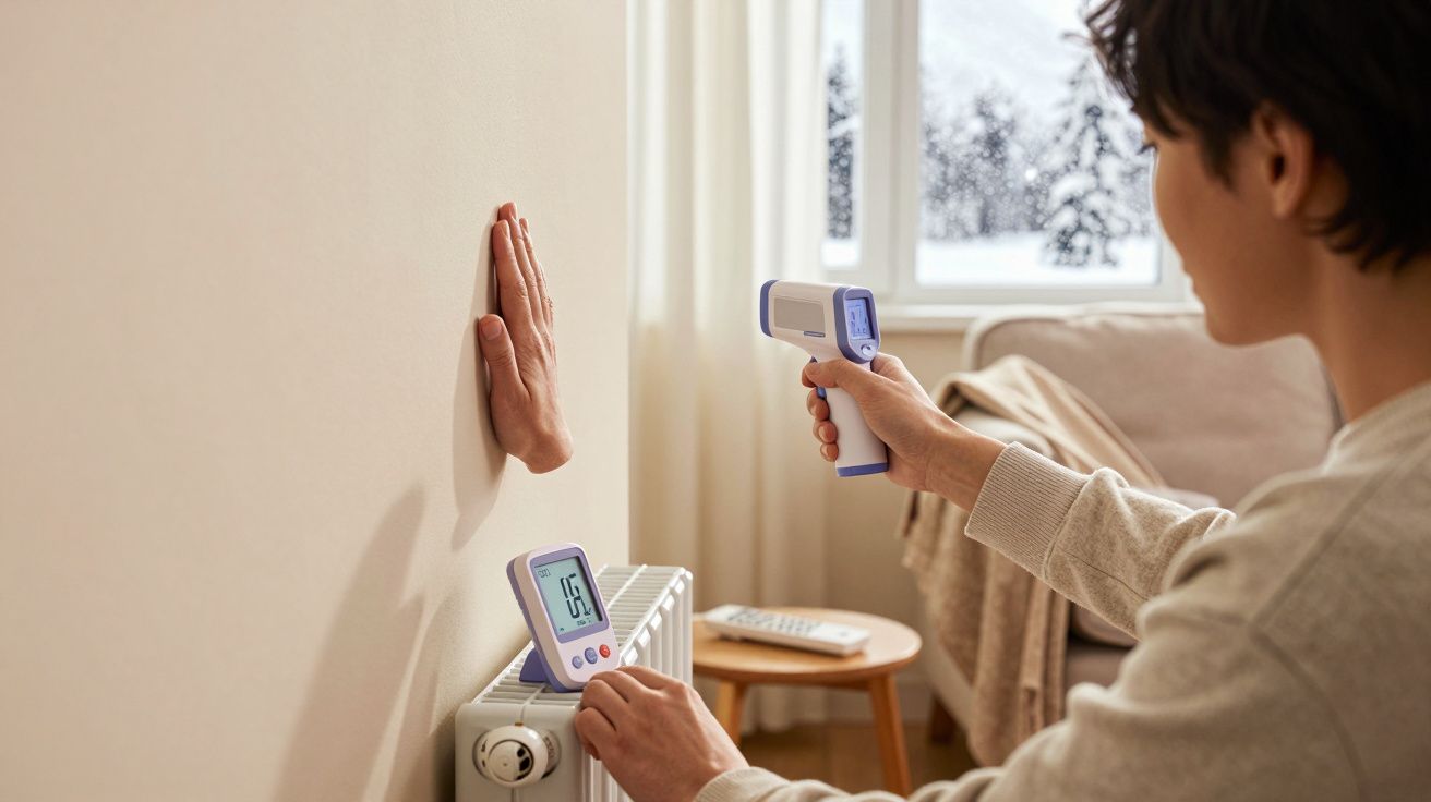 Pessoa mede temperatura da parede com termómetro infravermelho, outra usa termómetro digital em radiador interior.