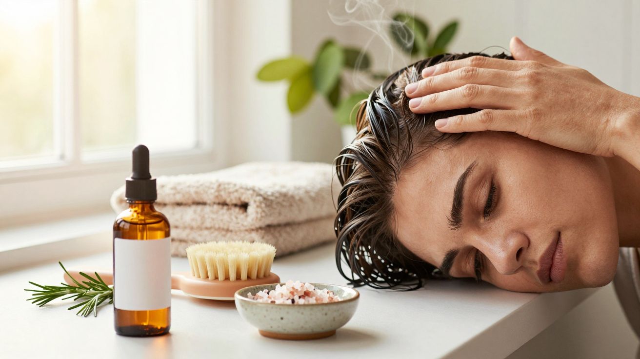 Mulher relaxa com óleo essencial, sal e escova em mesa de banho, ao lado de toalhas.