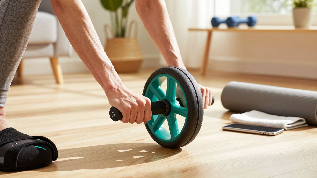 Pessoa a usar uma roda de exercícios abdominais num chão de madeira, com tapete de ioga, toalha e tablet no fundo.