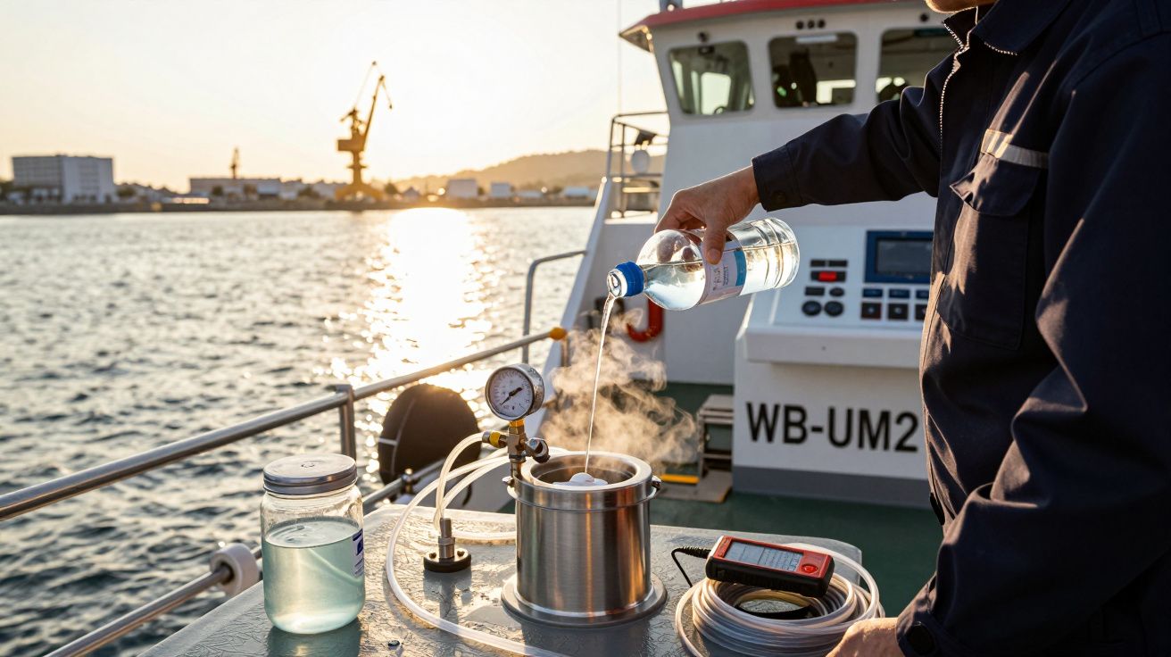Pessoa a verter água numa máquina num barco ao pôr do sol, com o mar e guindastes ao fundo.