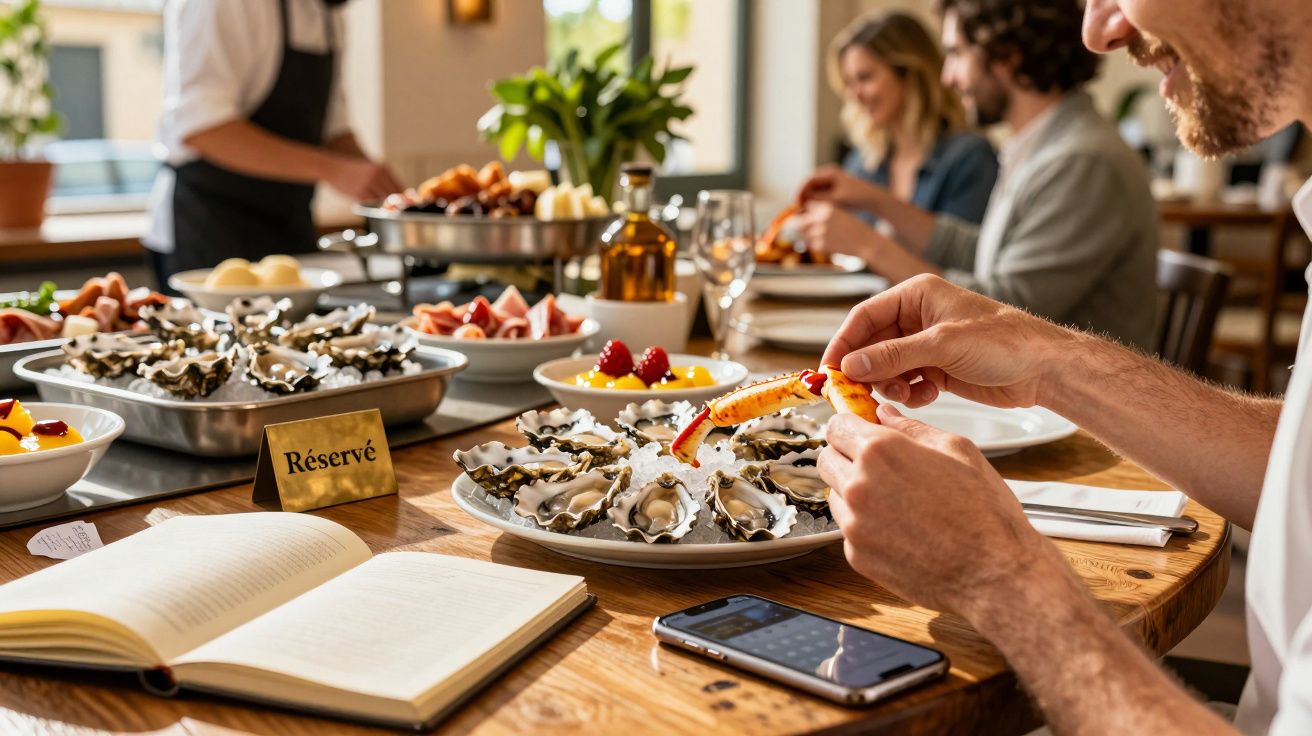 Mesa de restaurante com pratos de ostras e frutas, livro aberto e telemóvel, pessoas ao fundo.