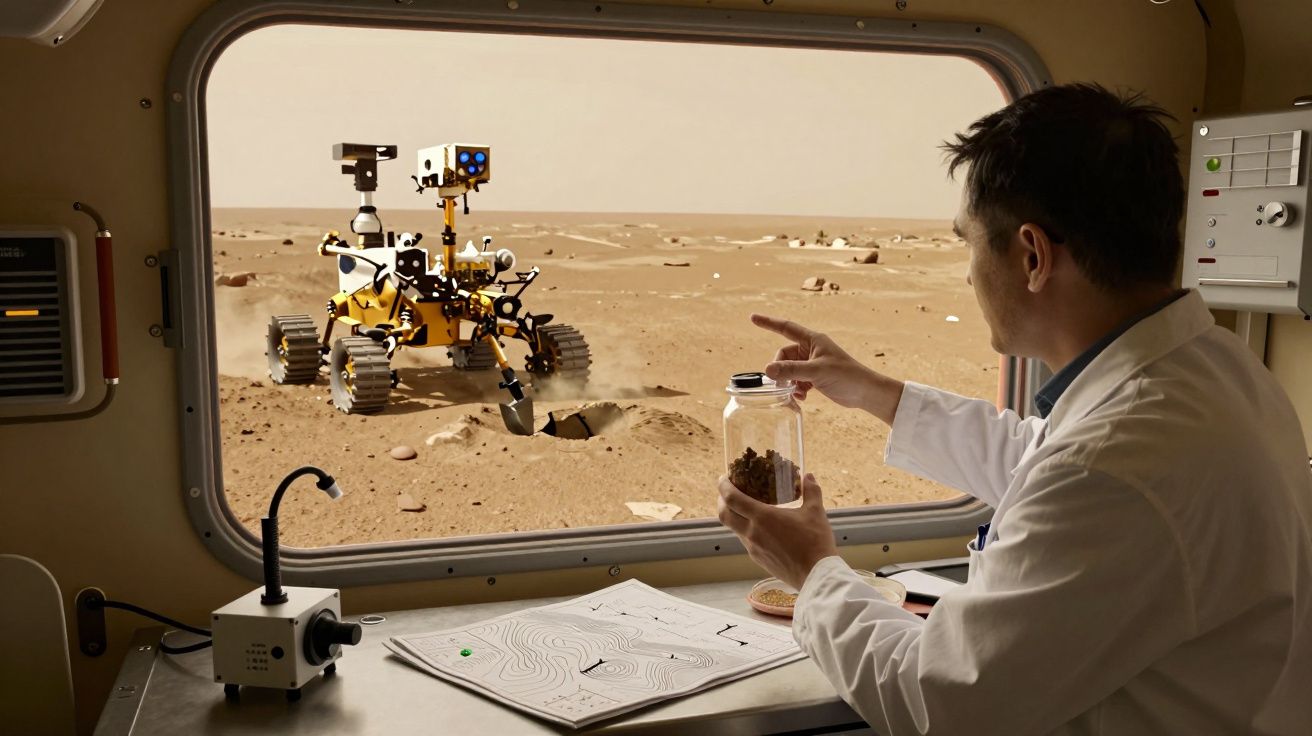 Cientista observa um rover marciano através de uma janela, segurando um frasco de amostras.