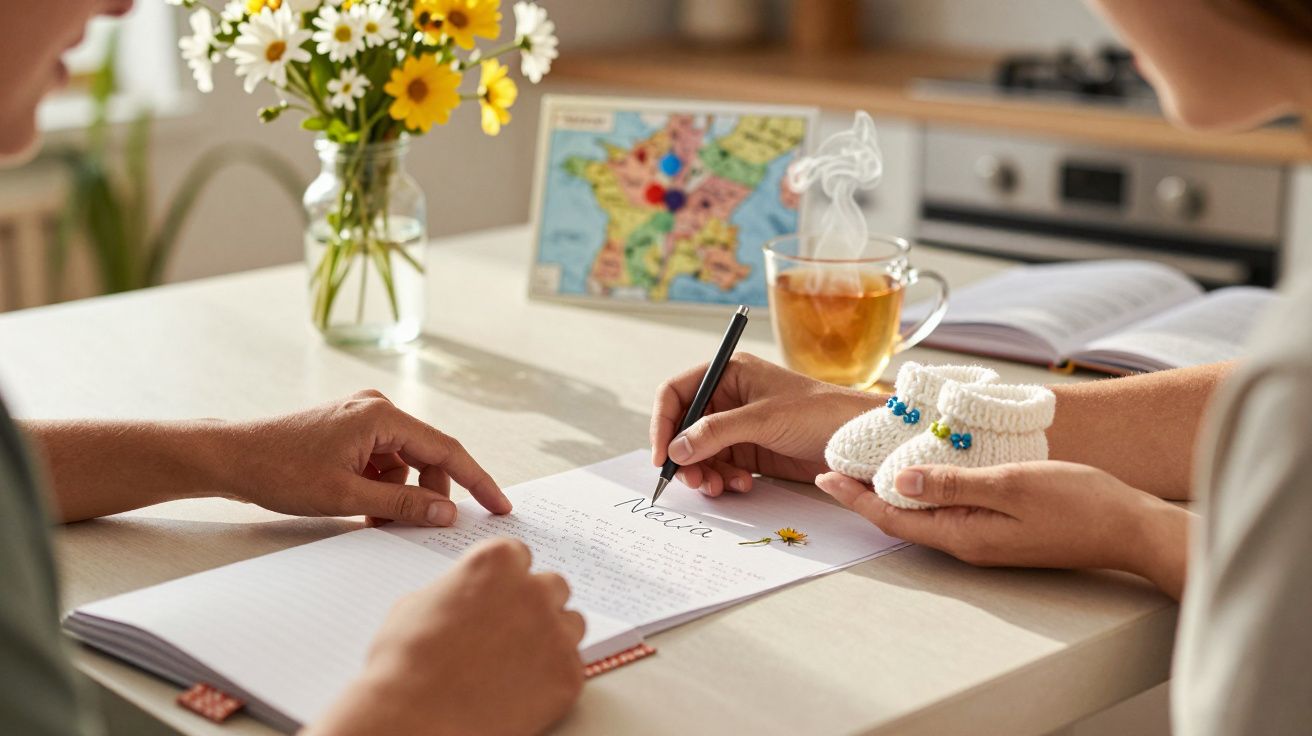 Duas pessoas escrevem uma carta num caderno, segurando botinhas de bebé tricotadas, com flores e chá ao fundo.