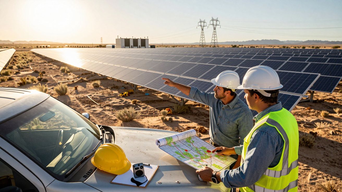 Dois engenheiros com capacetes analisam mapas junto a painéis solares em ambiente desértico, com linhas de alta tensão ao fun