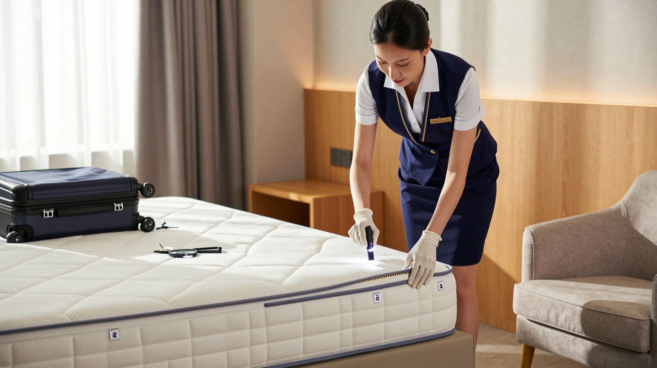 Empregada de limpeza arruma lençóis de cama num quarto de hotel, com mala de viagem ao lado.