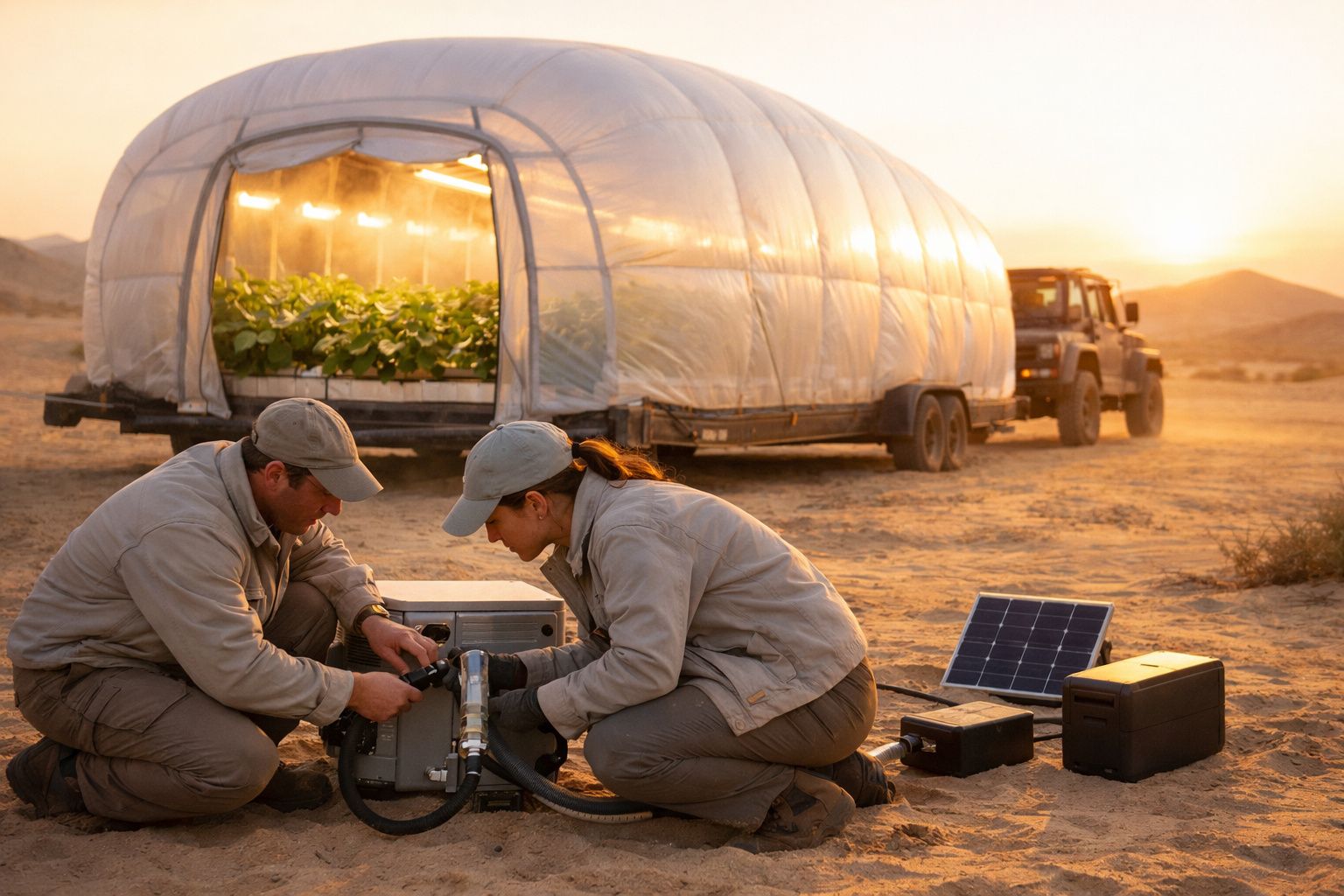 Homem ajusta equipamento de estufa portátil no deserto, com plantas verdes, sob luz solar intensa.