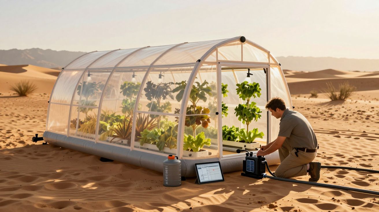 Homem ajusta equipamento numa estufa transparente no deserto, com plantas verdes crescendo no interior.