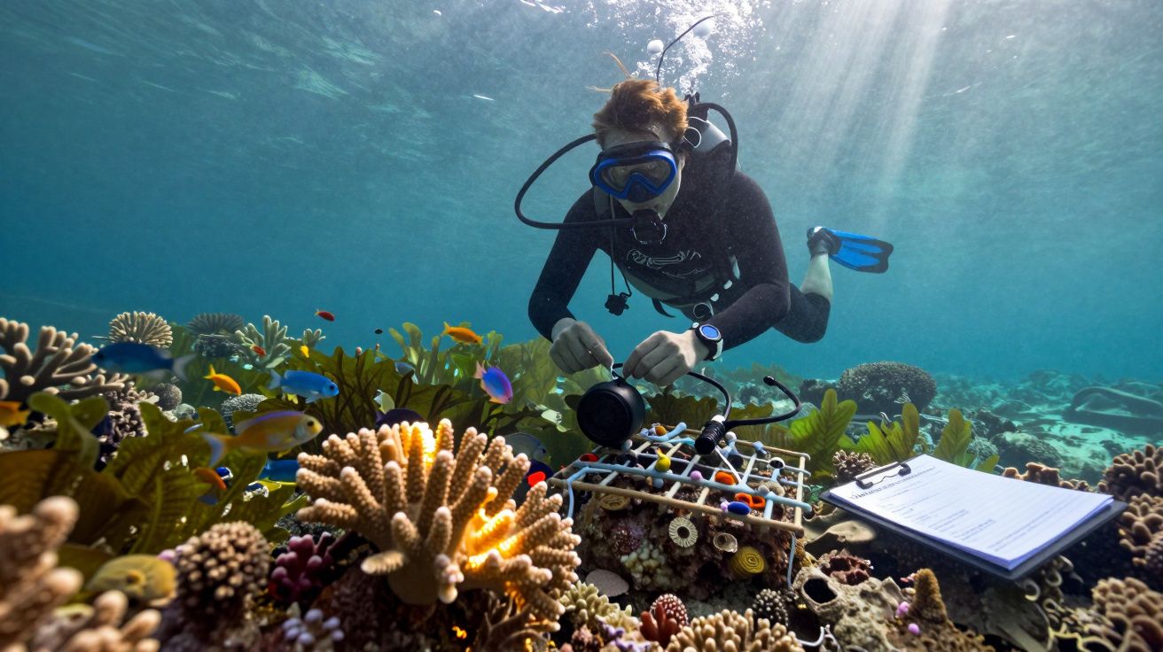 Mergulhador estudando recife de coral com equipamento de pesquisa e bloco de notas debaixo de água.