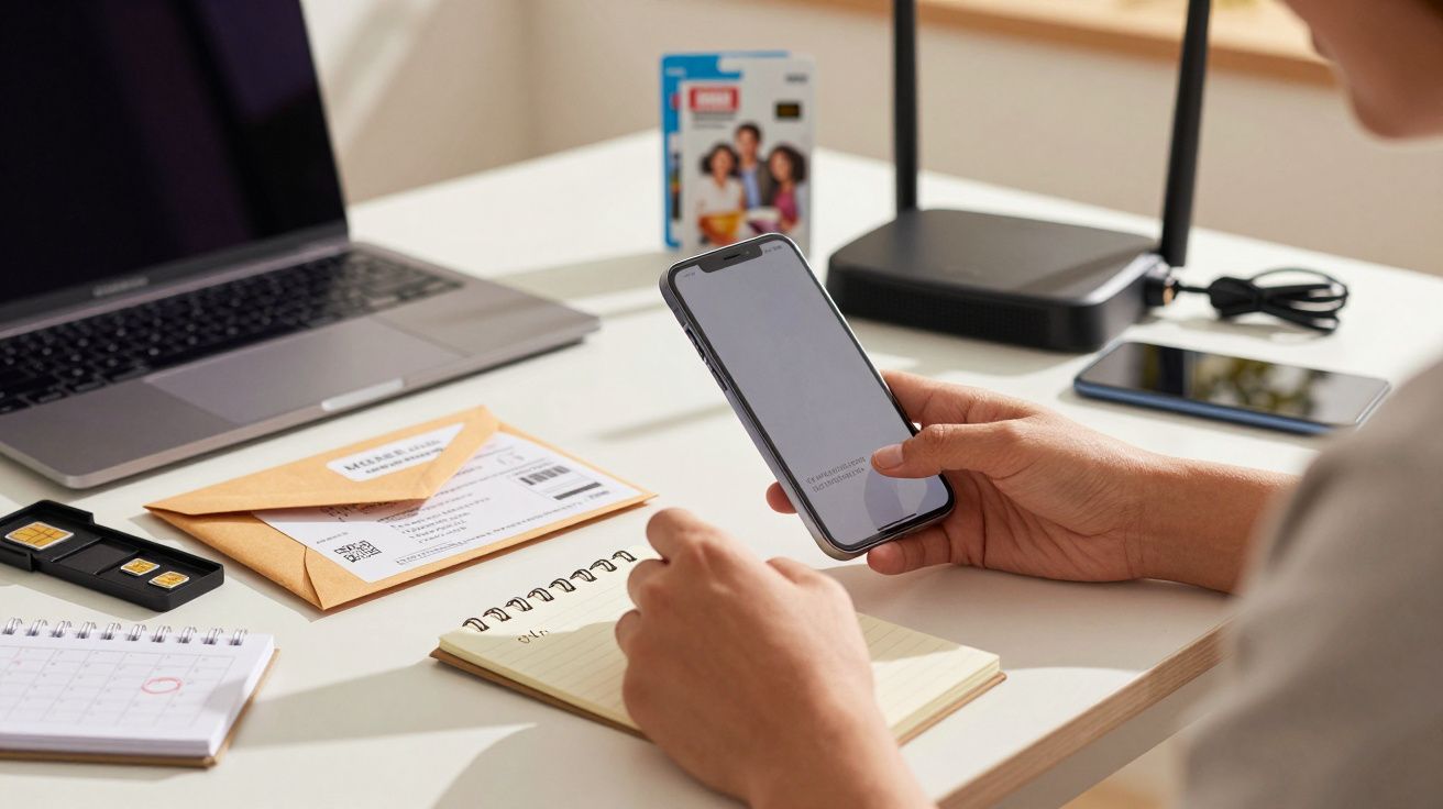 Pessoa segura smartphone, ao lado de computador portátil, caderno e router sobre uma mesa.