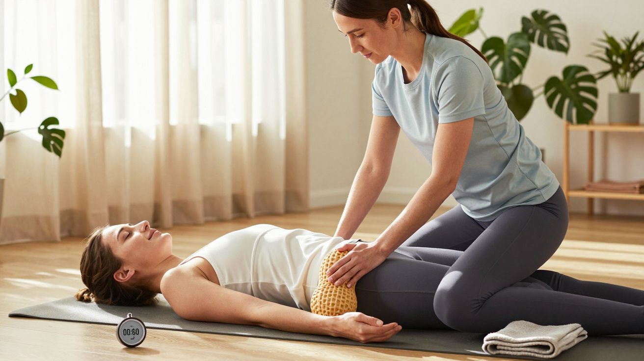 Mulher faz exercício de relaxamento com ajuda de outra em sala iluminada, usando uma almofada e um cronómetro ao lado.
