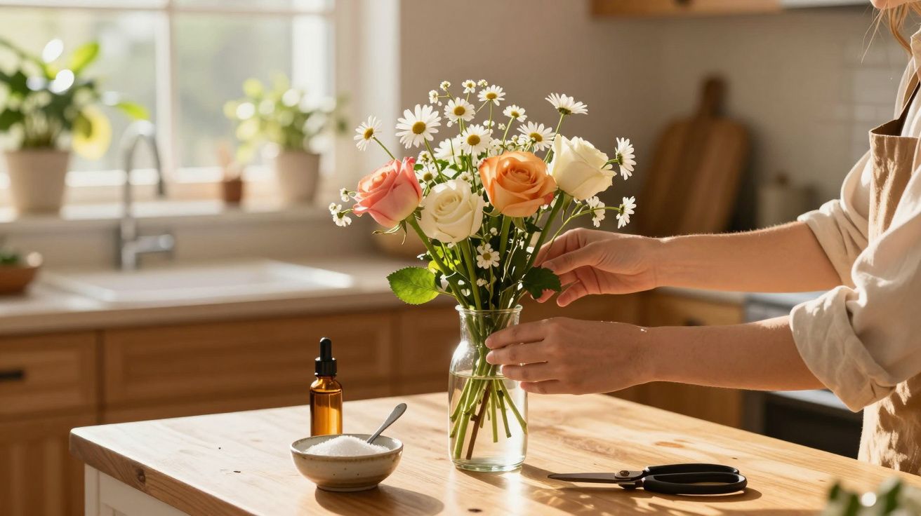 Pessoa a arranjar flores num jarro, numa cozinha iluminada pelo sol, com tesoura e frasco na bancada.