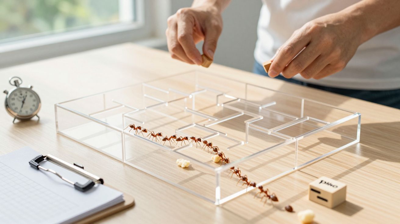 Pessoa ajusta labirinto transparente com formigas a caminhar. Há um relógio e um bloco de notas sobre a mesa de madeira.