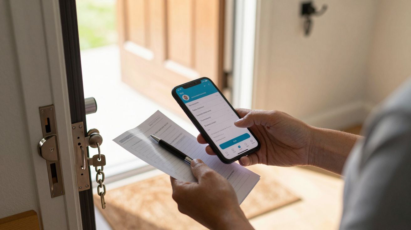 Pessoa segurando um telemóvel com uma aplicação aberta e um documento junto à porta de entrada.