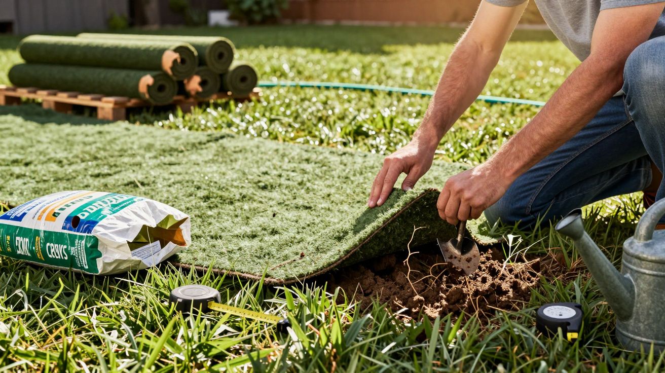 Pessoa instalando relva artificial num jardim, com ferramentas e material de jardinagem ao redor.