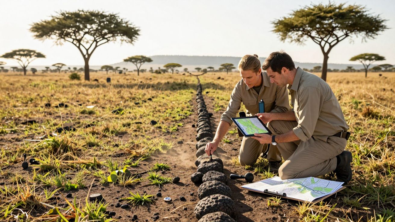 Dois investigadores analisam fezes de animais com mapas e tablet na savana africana ao lado de árvores dispersas.