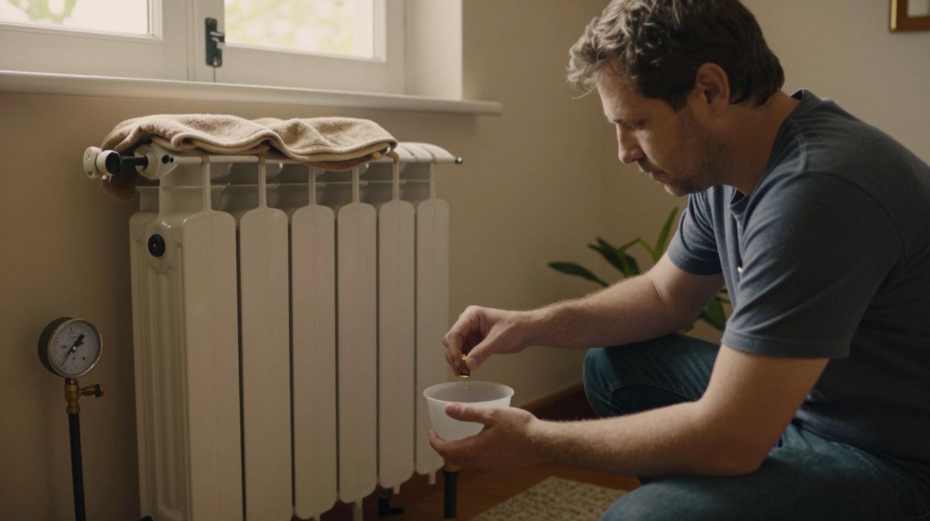 Homem ajustando radiador junto à janela, com uma toalha por cima.