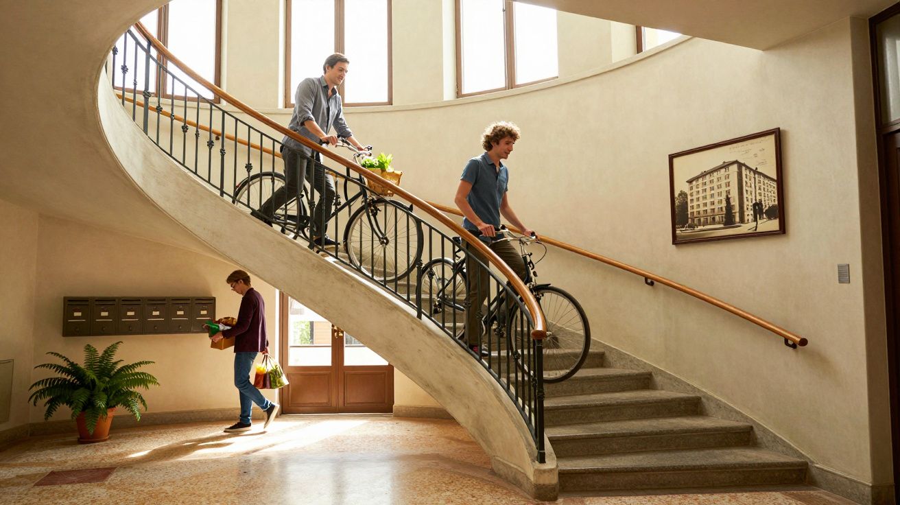 Dois homens descem escadas com bicicletas, enquanto outro sobe com sacos de compras.