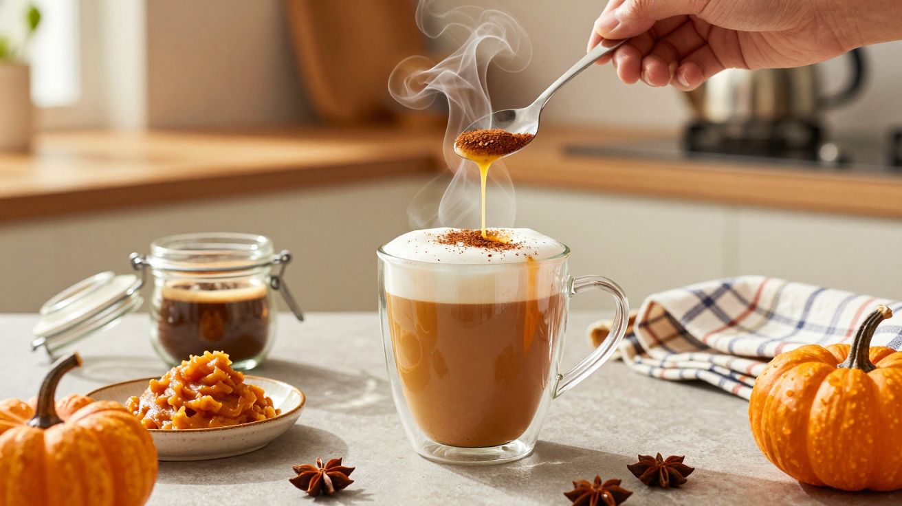 Café com nata numa caneca de vidro, com especiarias, sobre mesa rodeada de abóbora e estrela-de-anis.