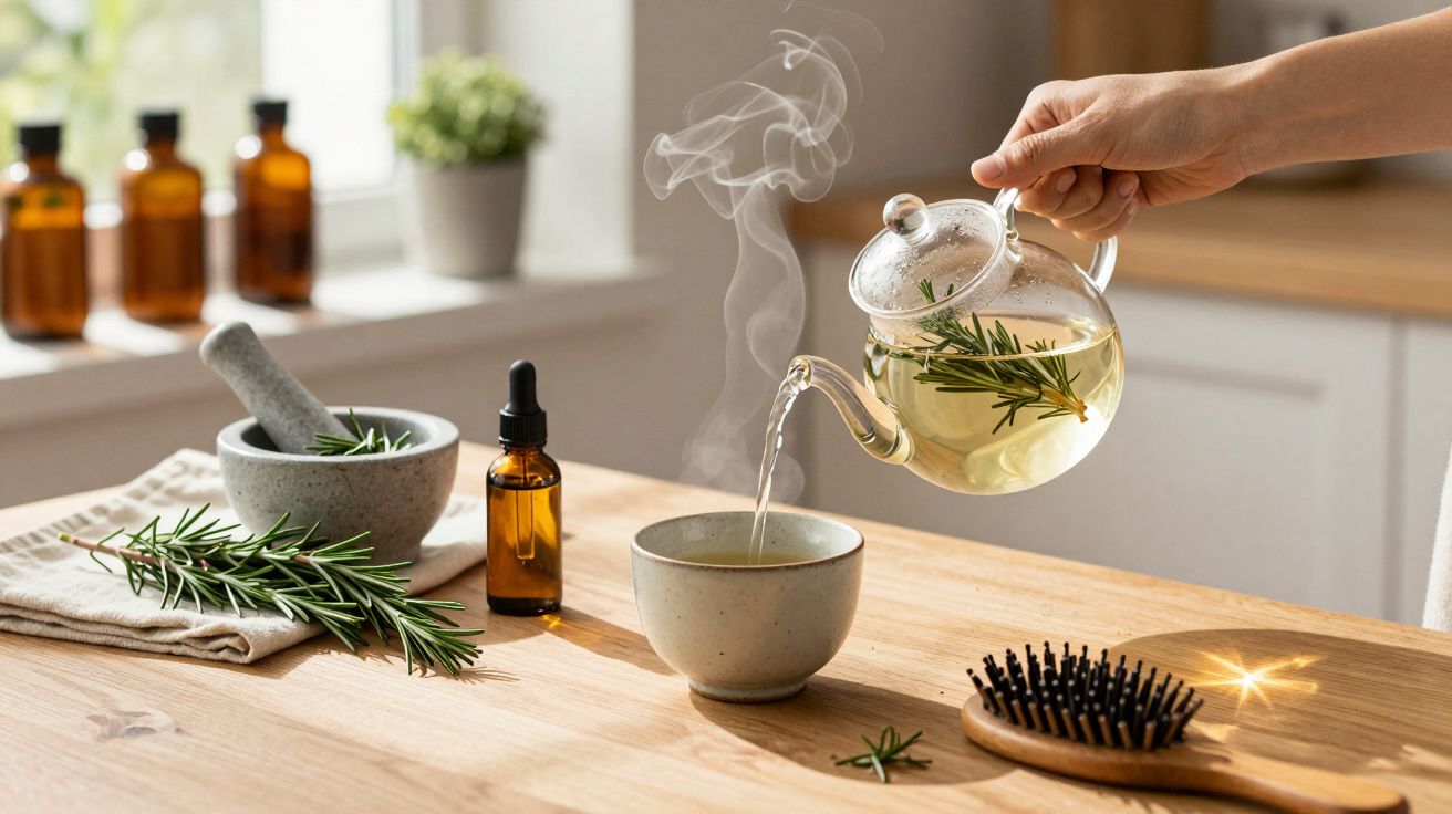 Mão a servir chá de alecrim numa chávena, com frascos e uma escova em cima de uma mesa de madeira.
