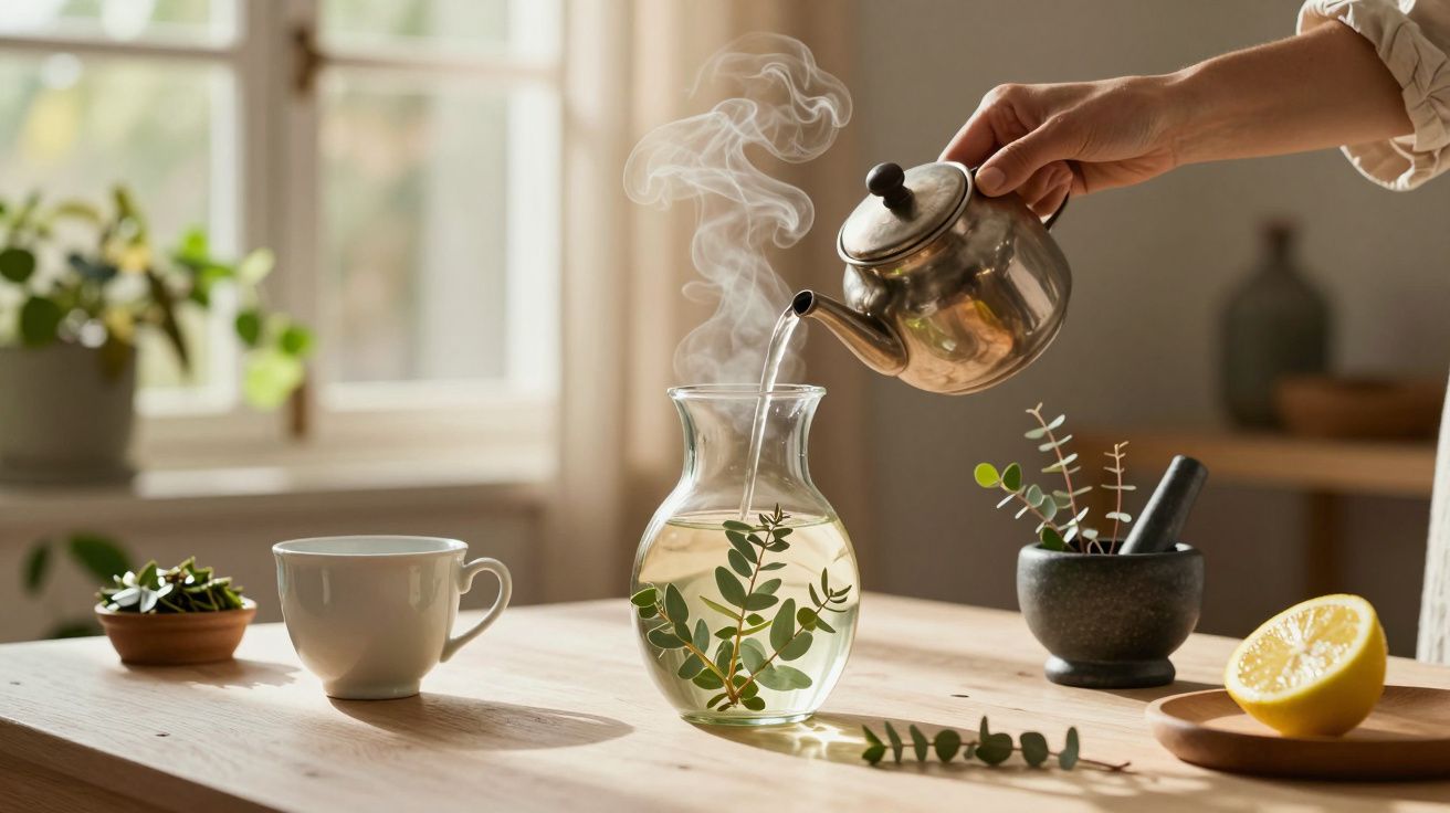 Mão vertendo água quente de chaleira em jarro com folhas, junto a chávena, limão e pilão, numa cozinha iluminada.
