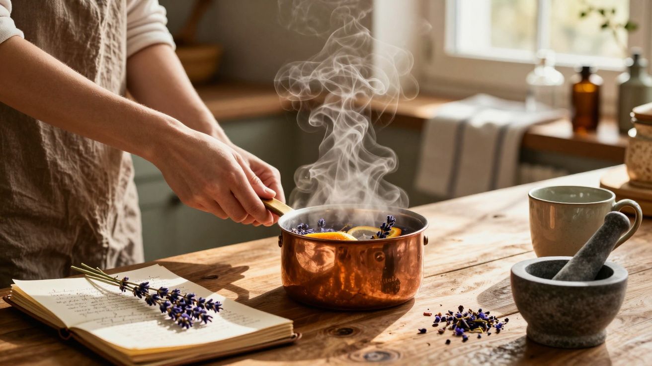 Pessoa a cozinhar com ervas aromáticas numa panela de cobre, livro aberto e almofariz ao lado.