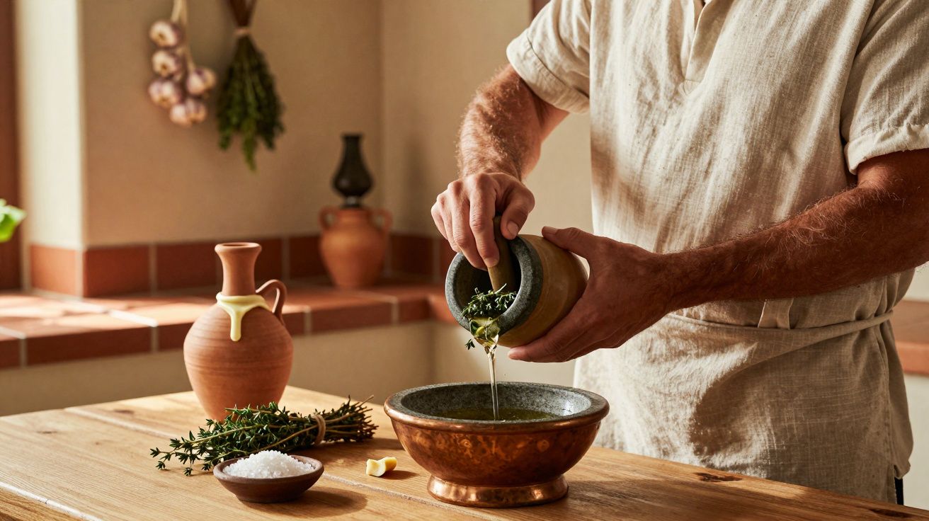 Pessoa vertendo azeite e ervas numa tigela de barro, cozinheiro preparando comida numa cozinha rústica.