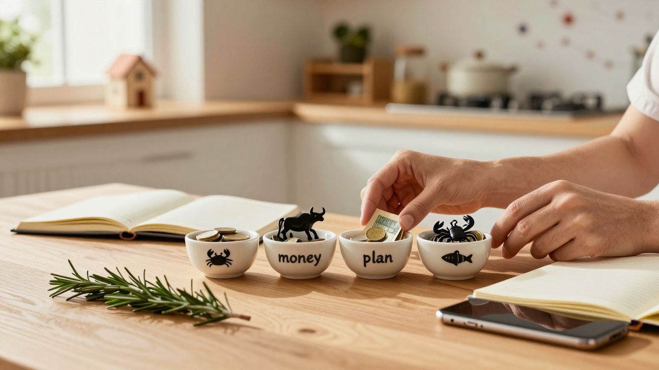 Pessoa a colocar notas em taça rotulada "money", com livros e telemóvel sobre a mesa de madeira na cozinha.
