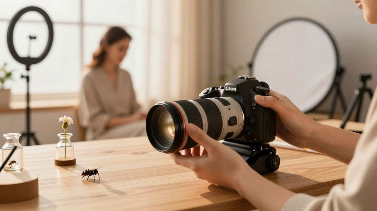 Câmara fotográfica em mesa de madeira focando em inseto, mulher desfocada ao fundo, materiais de fotografia atrás.