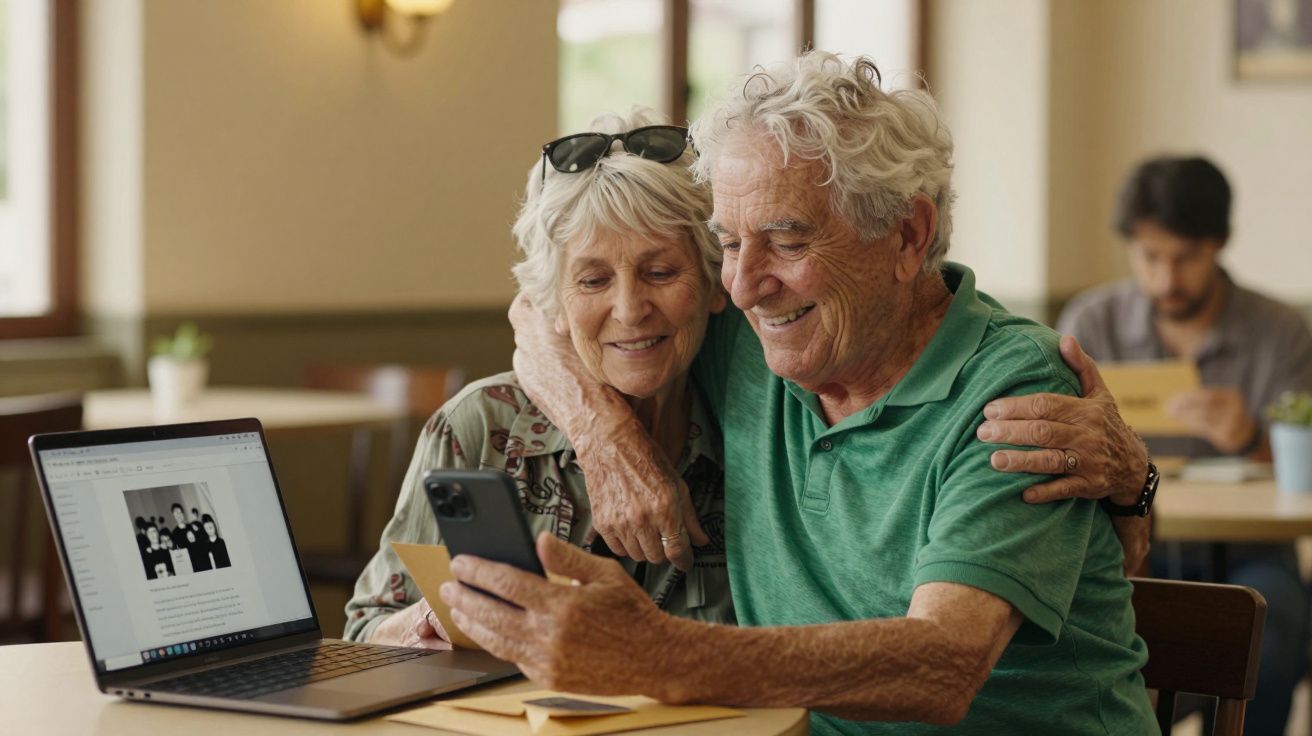 Casal idoso sorridente tira selfie com smartphone, com portátil ao lado numa cafetaria acolhedora.