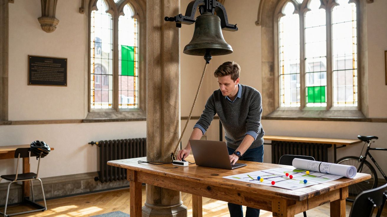 Homem a trabalhar num portátil numa sala com grandes janelas em arco e uma mesa cheia de planos e alfinetes coloridos.
