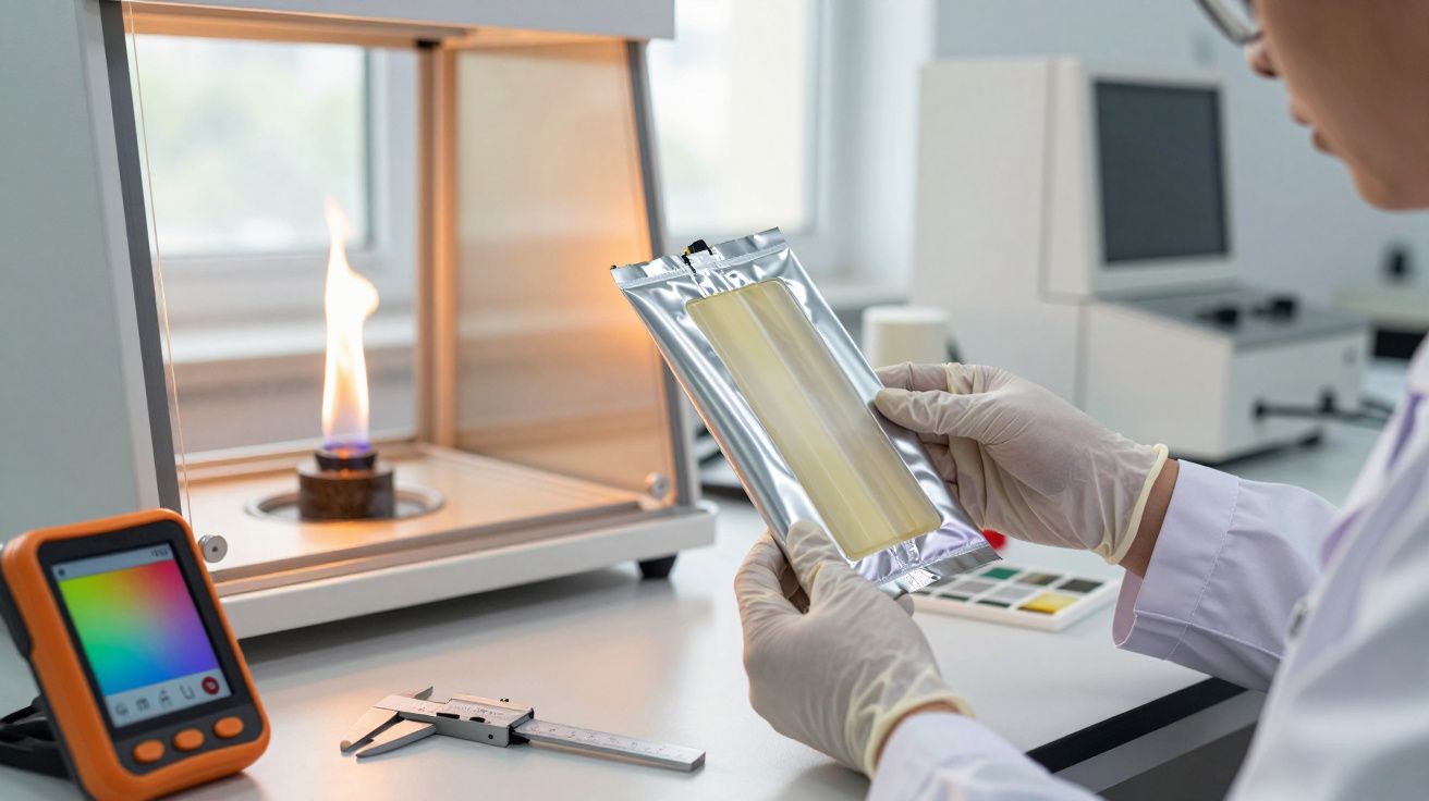 Cientista em laboratório segura amostra plástica com equipamento de teste de chama ao fundo.