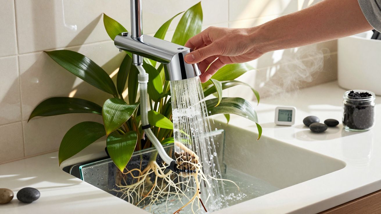 Torneira a correr água sobre lavatório com planta aquática, termómetro digital e frascos ao lado.