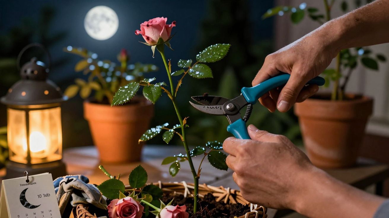 Mãos podando uma rosa rosa à noite num vaso, com uma lanterna e calendário ao fundo sob a luz da lua.