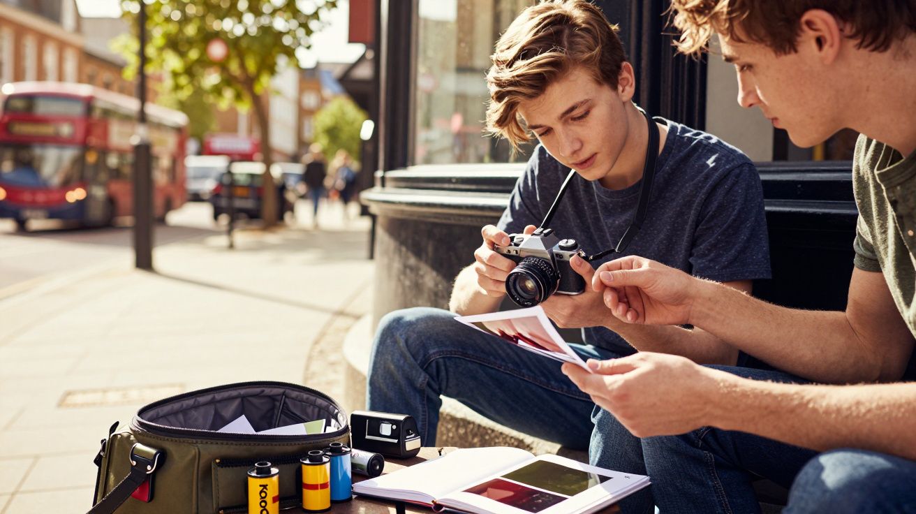 Dois jovens analisam fotos e câmaras analógicas numa rua movimentada, com autocarro ao fundo.