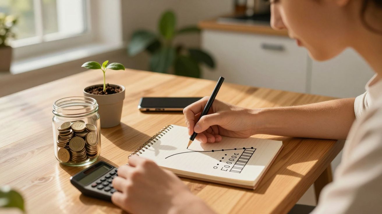 Pessoa desenha gráfico num caderno, com jarra de moedas e planta na mesa iluminada pelo sol.