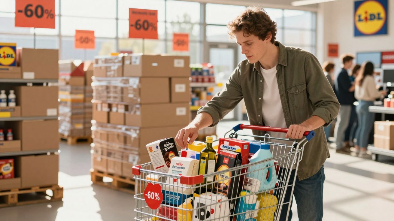 Homem empurra carrinho de compras cheio em loja com sinalização de desconto, caixas empilhadas ao fundo.