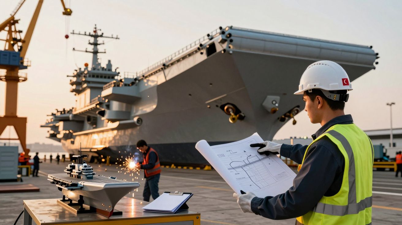 Engenheiro analisa planos de construção naval num estaleiro com porta-aviões ao fundo e operário a soldar.