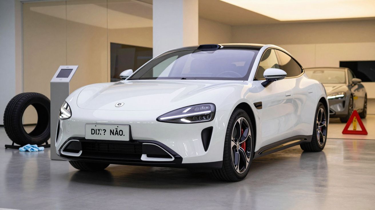 Carro desportivo branco em exposição, com placa "DIY? NÃO." em ambiente de showroom.