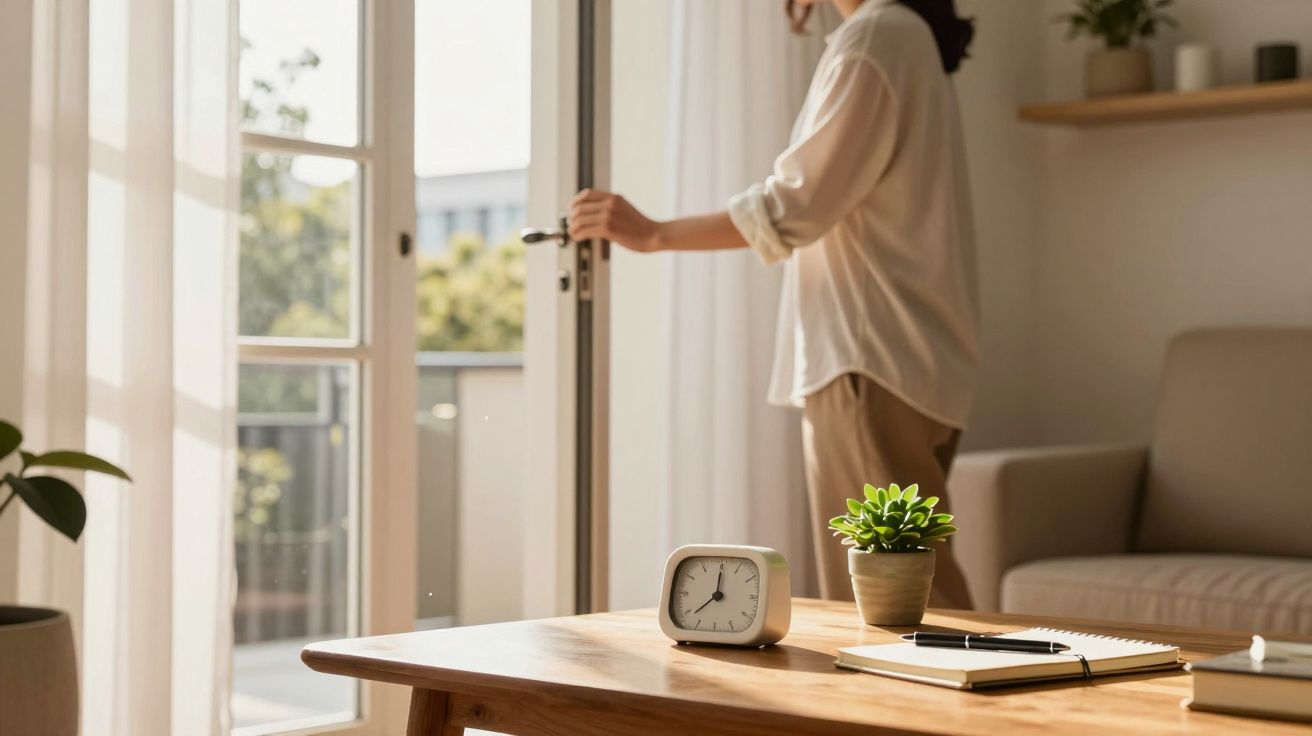 Mulher abrindo porta de varanda, planta e relógio sobre mesa de madeira numa sala iluminada.