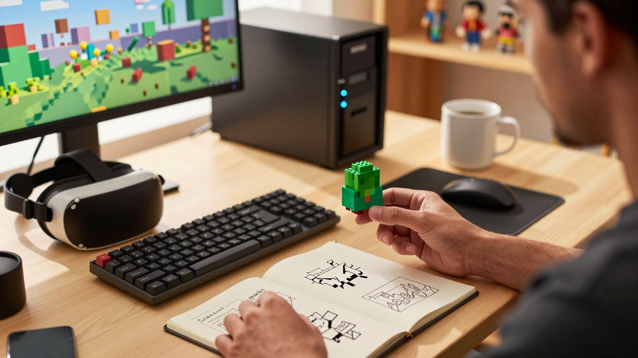 Homem segura peça de Lego e olha ecrã de computador com jogo, com portátil e VR na mesa.