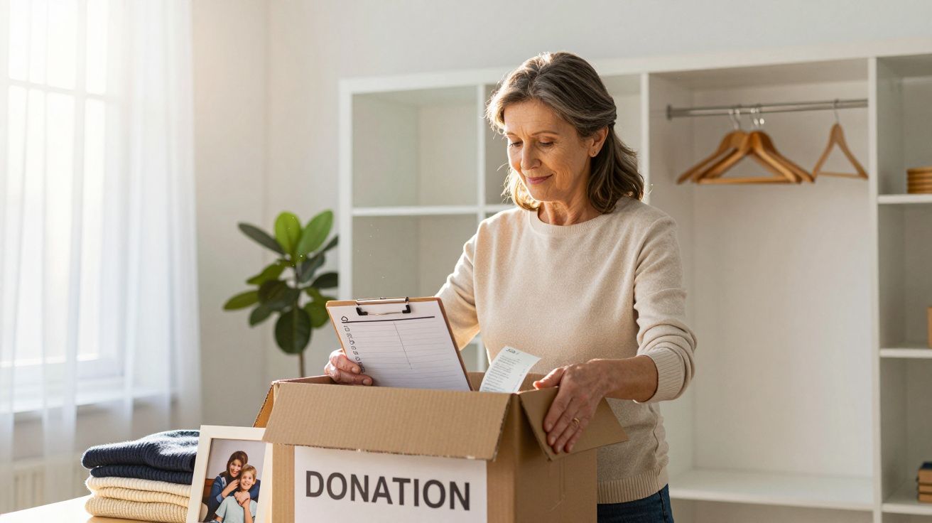 Mulher idosa organizando caixa de doação, segurando um documento, com cabides e uma planta ao fundo.