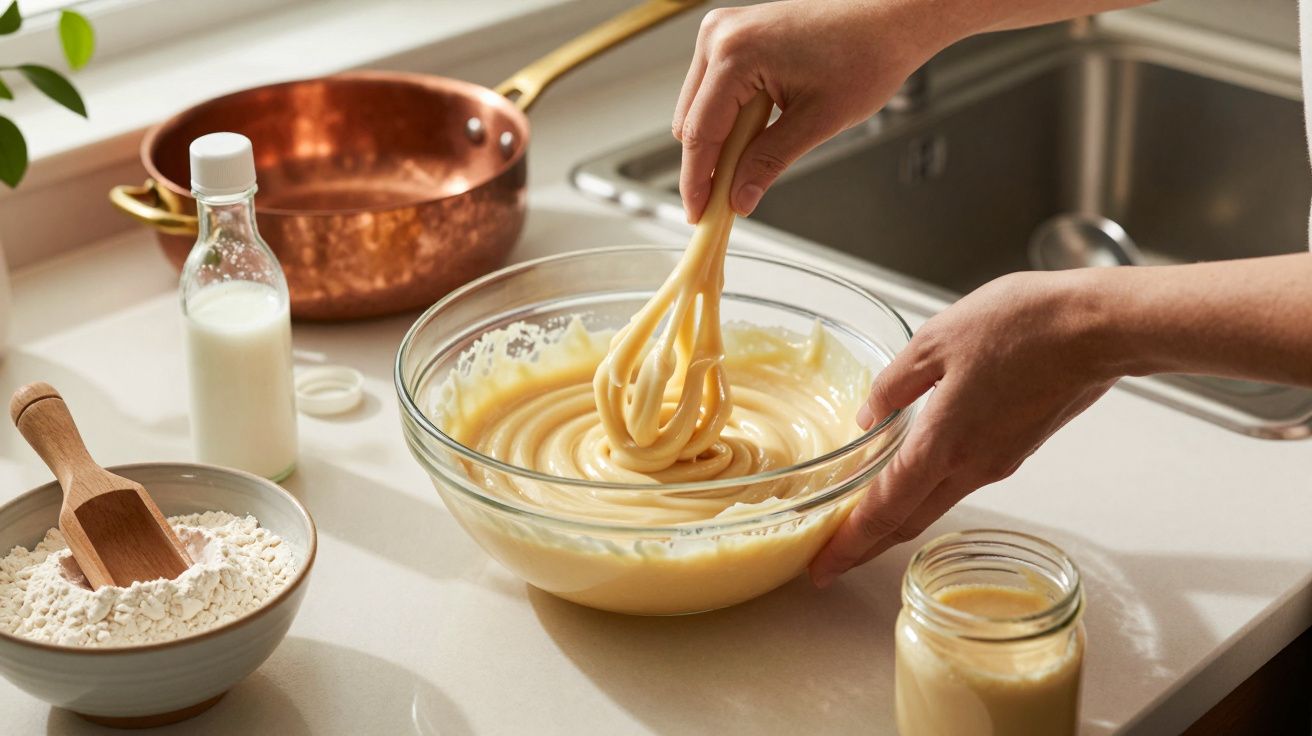 Pessoa mistura massa de bolo numa taça de vidro, com ingredientes ao redor numa bancada de cozinha.